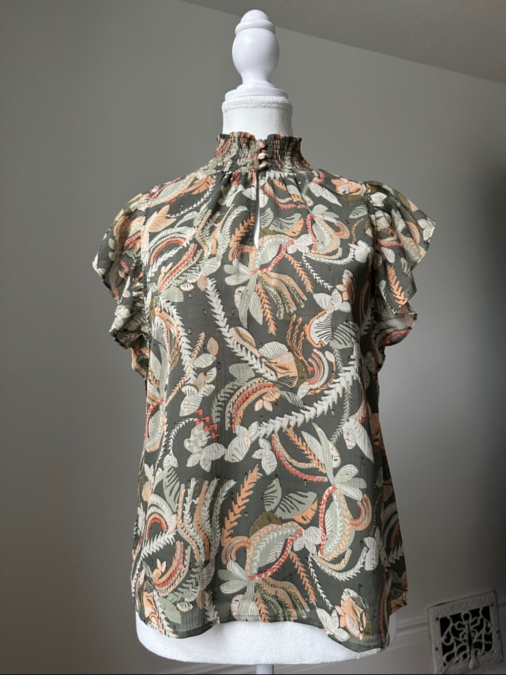 JOIE Dark Floral High Neck Ruffle Cottagecore Short Sleeve Blouse Size Small
